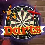 Bảng phi tiêu với con bướm vàng và phi tiêu đỏ, chữ Darts nổi bật trên nền tường gạch