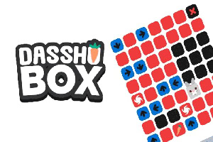 Logo DASSHOO BOX với hình cà rốt ở chữ O và một lưới ô vuông màu đỏ, đen, và xanh kèm biểu tượng mũi tên và xoắn ốc