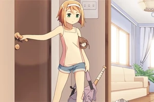Một nhân vật anime đứng ở cửa, cầm túi đựng gậy bóng chày, trong bối cảnh phòng khách với ghế sofa và cây xanh