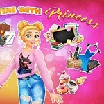 Công chúa tóc vàng mặc áo hồng, quần jean xanh, đứng trên nền hồng với hình ảnh các đồ vật liên quan đến học tập, thực phẩm và làm đẹp xung quanh
