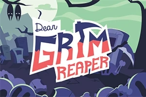 Hình ảnh với chữ Dear Grim Reaper trên nền màu xanh lá cây và tím với bóng ma và bia mộ