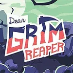 Hình ảnh với chữ Dear Grim Reaper trên nền màu xanh lá cây và tím với bóng ma và bia mộ