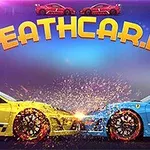 Hai chiếc xe đua màu vàng và xanh dương va chạm với tia lửa bắn tung tóe, với chữ DEATHCAR