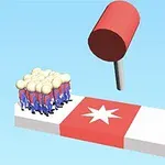 Một nhóm nhân vật đứng trên nền đỏ với một cái búa lớn treo phía trên