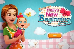 Người mẹ đang bế em bé vui vẻ trên nền xanh với mây trắng và cừu, cùng nút Play màu cam