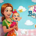 Người mẹ đang bế em bé vui vẻ trên nền xanh với mây trắng và cừu, cùng nút Play màu cam