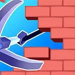 Chiếc cuốc màu tím đang phá vỡ bức tường gạch đỏ trên nền trời xanh