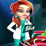 Một nhân vật nữ mặc áo blouse trắng đang cầm phim X-quang, đứng cạnh một nhân vật nam ngồi trên ghế trong phòng khám