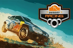 Xe đua màu xanh đang tăng tốc trên sa mạc với logo Desert Racing ở phía trên bên phải