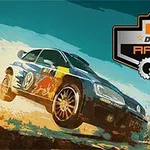 Xe đua màu xanh đang tăng tốc trên sa mạc với logo Desert Racing ở phía trên bên phải