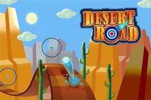 Một cảnh sa mạc với con đường nhấp nhô, cây xương rồng, bầu trời xanh và logo Desert Road nổi bật
