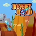 Một cảnh sa mạc với con đường nhấp nhô, cây xương rồng, bầu trời xanh và logo Desert Road nổi bật