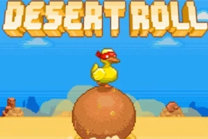 Hình ảnh con vịt đội mũ đỏ đứng trên quả cầu tròn ở sa mạc với dòng chữ DESERT ROLL phía trên