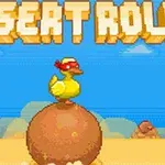 Hình ảnh con vịt đội mũ đỏ đứng trên quả cầu tròn ở sa mạc với dòng chữ DESERT ROLL phía trên