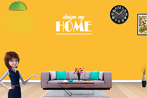 Một căn phòng với tường màu vàng, có ghế sofa xám, đồng hồ treo tường, đèn trần xanh lá, và một nhân vật hoạt hình bên trái