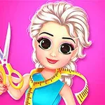 Cô gái hoạt hình với tóc trắng, mặc áo xanh, cầm kéo và băng đo trên nền hồng