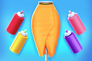 Một chiếc chân váy màu cam trên mannequin được bao quanh bởi các bình sơn màu đỏ, hồng, vàng và tím trên nền xanh