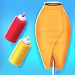 Một chiếc chân váy màu cam trên mannequin được bao quanh bởi các bình sơn màu đỏ, hồng, vàng và tím trên nền xanh
