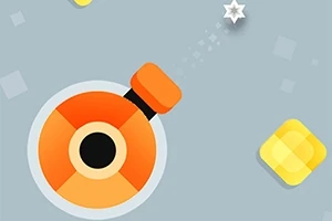 Một khẩu súng bắn ra đạn hình ngôi sao trên nền xám với các khối vuông màu vàng và xám