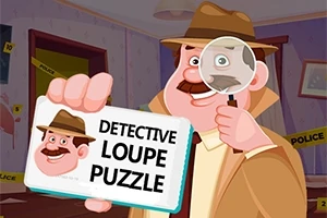 Một thám tử hoạt hình cầm kính lúp và bảng tên có dòng chữ DETECTIVE LOUPE PUZZLE trong khung cảnh một căn phòng điều tra