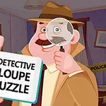 Một thám tử hoạt hình cầm kính lúp và bảng tên có dòng chữ DETECTIVE LOUPE PUZZLE trong khung cảnh một căn phòng điều tra
