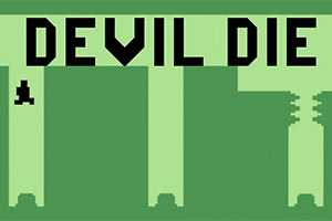 Chữ pixel DEVIL DIE màu đen trên nền xanh lá kiểu 8-bit với các cột và bóng cây