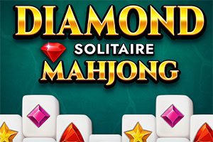 Chữ Diamond Solitaire Mahjong màu vàng trên nền xanh, kèm theo các viên đá quý màu đỏ, hồng, cam và sao vàng trên quân bài trắng