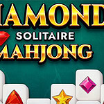 Chữ Diamond Solitaire Mahjong màu vàng trên nền xanh, kèm theo các viên đá quý màu đỏ, hồng, cam và sao vàng trên quân bài trắng