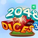 Chữ 2048 Dices 3D nổi bật với các viên xí ngầu và nền xanh nhạt