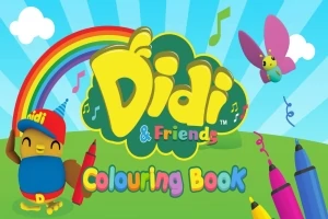 Chú chim đeo mũ đứng cạnh cầu vồng, cầm bút màu với chữ Colouring Book trên nền trời xanh