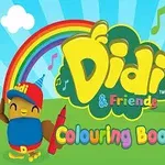 Chú chim đeo mũ đứng cạnh cầu vồng, cầm bút màu với chữ Colouring Book trên nền trời xanh