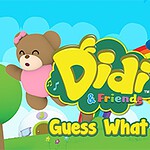 Gấu bông và chim hoạt hình vui vẻ cạnh nhau trên nền trời xanh, với dòng chữ Didi & Friends, Guess What?