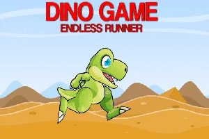 Hình ảnh một chú khủng long màu xanh đang chạy trên sa mạc với dòng chữ Dino Game Endless Runner ở phía trên