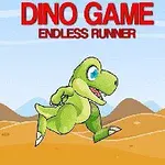 Hình ảnh một chú khủng long màu xanh đang chạy trên sa mạc với dòng chữ Dino Game Endless Runner ở phía trên