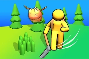 Một nhân vật màu vàng cầm kiếm đang di chuyển qua một khu rừng với cây cối xanh xung quanh, và có một sinh vật bay trên trời