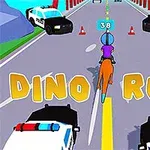 Một người cưỡi khủng long chạy trên đường giữa các xe cảnh sát, với chữ Dino Rush hiển thị nổi bật