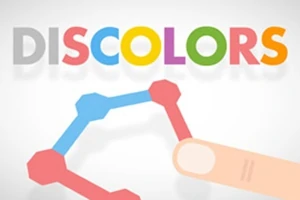 Chữ DISCOLORS đầy màu sắc phía trên một hình lục giác liên kết với nhau, gần đó là một ngón tay chạm vào hình