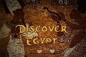 Hình ảnh miêu tả một bức tranh phong cách Ai Cập cổ đại với chữ Discover Egypt ở giữa