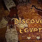Hình ảnh miêu tả một bức tranh phong cách Ai Cập cổ đại với chữ Discover Egypt ở giữa