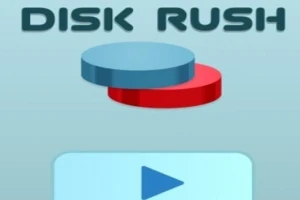 Hai chiếc đĩa màu xanh và đỏ xếp chồng lên nhau với chữ Disk Rush phía trên và nút phát màu xanh bên dưới