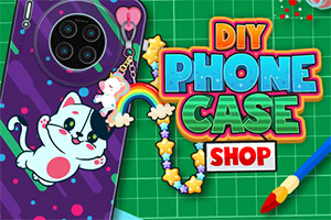 Điện thoại có ốp lưng hình mèo dễ thương và dây đeo cầu vồng sao, cùng dòng chữ DIY Phone Case Shop trên nền xanh lưới
