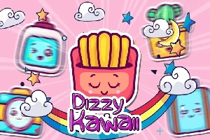 Hình ảnh minh họa với khoai tây chiên kawaii và các vật phẩm dễ thương khác trên nền hồng