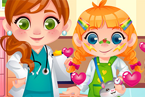 Hai nhân vật hoạt hình với biểu cảm vui vẻ, một người mặc áo bác sĩ và người kia mặc áo xanh ôm một chú thỏ, xung quanh có những trái tim hồng