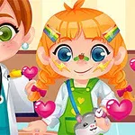 Hai nhân vật hoạt hình với biểu cảm vui vẻ, một người mặc áo bác sĩ và người kia mặc áo xanh ôm một chú thỏ, xung quanh có những trái tim hồng