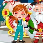 Một cô gái mặc trang phục y tá và ông già Noel đứng cạnh nhau trước xe trượt tuyết với một chú tuần lộc, xung quanh có các biểu tượng trái tim