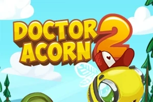 Chữ Doctor Acorn 2 màu vàng nổi bật trên nền bầu trời xanh với mây trắng, cùng hình ảnh một chú ong hoạt hình đội mũ y tế màu đỏ