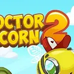 Chữ Doctor Acorn 2 màu vàng nổi bật trên nền bầu trời xanh với mây trắng, cùng hình ảnh một chú ong hoạt hình đội mũ y tế màu đỏ