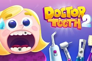 Một nhân vật hoạt hình há miệng rộng để lộ răng có vấn đề, với hàng loạt dụng cụ nha khoa và dòng chữ Doctor Teeth 2 trên nền màu tím