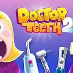 Một nhân vật hoạt hình há miệng rộng để lộ răng có vấn đề, với hàng loạt dụng cụ nha khoa và dòng chữ Doctor Teeth 2 trên nền màu tím