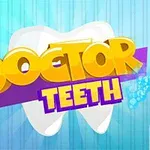 Hình ảnh có dòng chữ Doctor Teeth màu vàng và tím trước nền răng trắng cùng các dụng cụ nha khoa